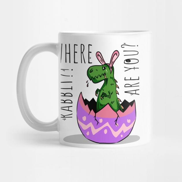 Little cute green dinosaur with rabbit ears looking for rabbit before easter holiday cry  t-shirt by MIWDesign